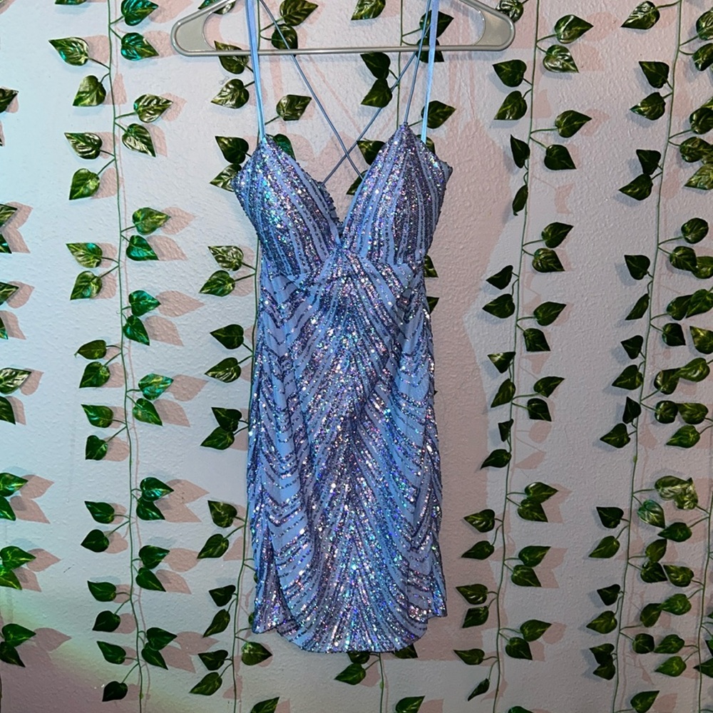 Blue dress with sequins, perfect for homecoming, sleeveless with open back